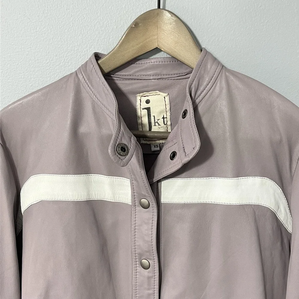 JKT NYC Leather Jacket Womens XS Purple White Stripe‎ Moto Racer Cropped Rib Hem